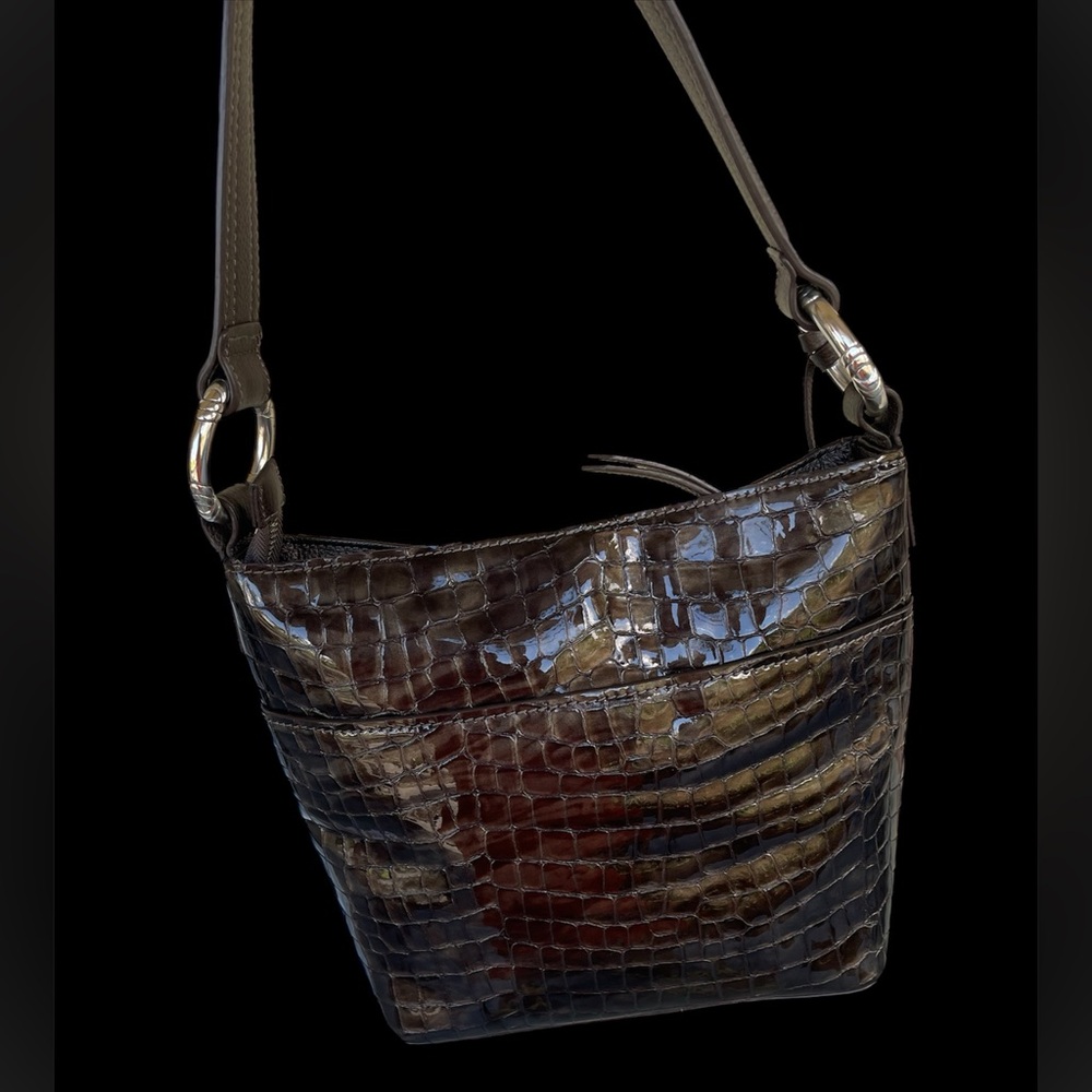 BRIGHTON Croc Embossed Brown Patent Leather Hobo Shoulder Bag - Picture 9 of 10